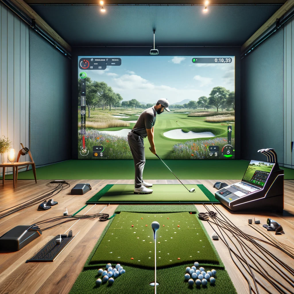 A detailed setup of a golf simulator system in an indoor practice area. The setup includes a large projector screen displaying a virtual golf course,