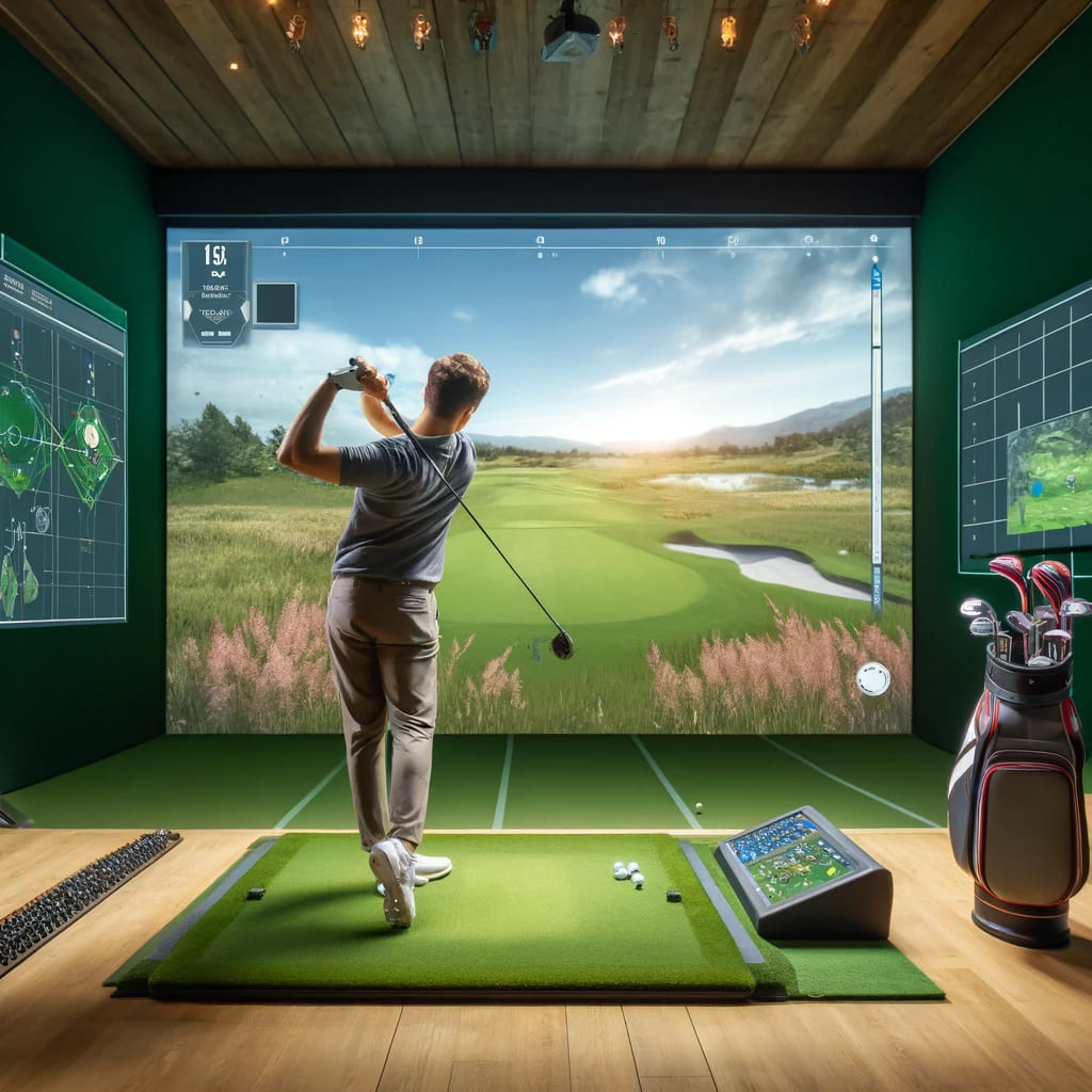 A golfer using a high-tech golf simulator in an indoor setting. The simulator screen displays a realistic golf course, and the golfer is in mid-swing