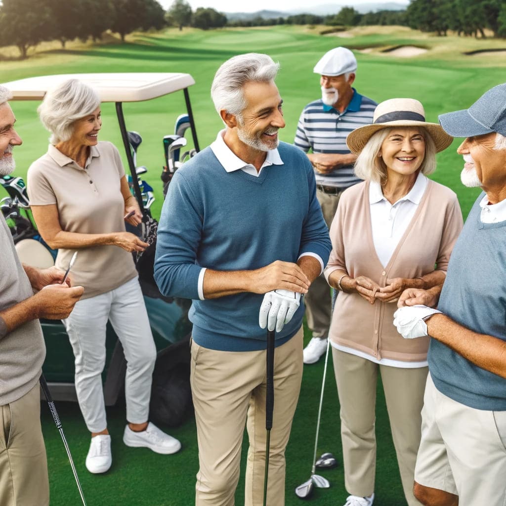 A group of senior golfers socializing and preparing for a game on a golf course. The golfers are smiling and interacting, with golf clubs and carts in - what age is a senior golfer