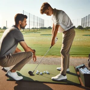 Beginner golfer receiving swing tips from an instructor on the driving range on a sunny day.