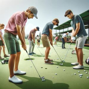 Beginner golfer practicing putting on a green with training aids, focusing on the ball with a lush green and flagstick in the background.