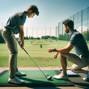 Golf instructor teaching a beginner golfer a basic drill on the driving range on a sunny day.