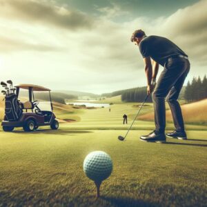 Golfer adjusting stance on the fairway, preparing to take a mulligan with a golf cart in the background.