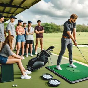 Group of beginner golfers receiving swing tips from a professional coach on the driving range on a sunny day.